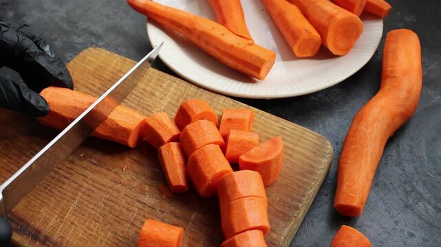 Black gloved hands using a knife to chop fresh orange carrots on a wooden cutting board for cooking.