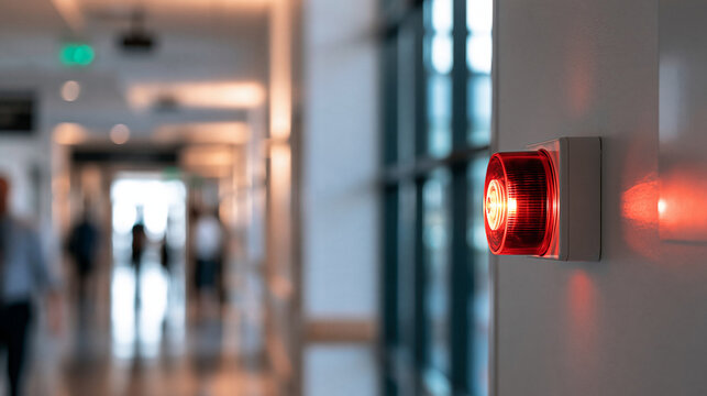 Bright hospital corridor wall red security alarm light emergency fire notification system modern clean interior natural daylight safety alert concept evacuation signage