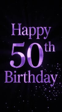 Elegant purple glowing text for a happy 50th birthday celebration greeting card.