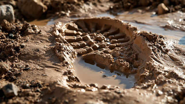 Bright close up of single deep boot print pressed into wet mud slowly filling with water natural lighting clean even lighting human carbon footprint concept environmental