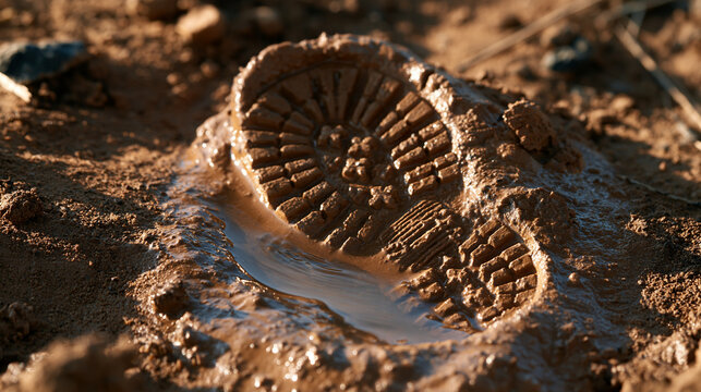 Bright close up of single deep boot print pressed into wet mud slowly filling with water natural lighting clean even lighting human carbon footprint concept environmental