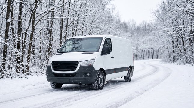 White delivery van driving on snowy winter road through forest. Commercial vehicle moving along curved snow-covered route with bare trees.