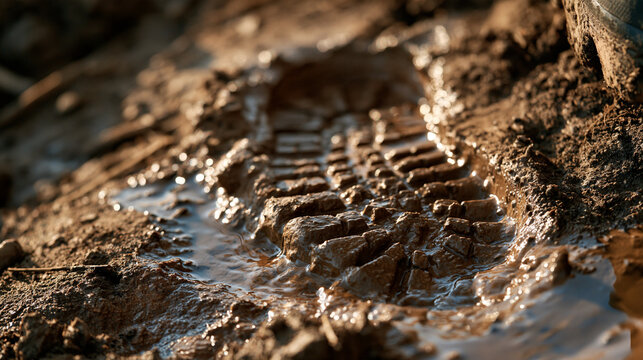 Bright close up of single deep boot print pressed into wet mud slowly filling with water natural lighting clean even lighting human carbon footprint concept environmental