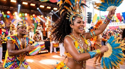 Obraz premium Woman dancing in feathered carnival costume with fan at street festival. Dancer in beaded headdress smiles while man plays drum behind her.