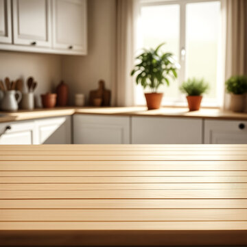 Empty wooden table top, blurred kitchen background with morning sunlight, rustic wood surface for product display, bright modern home interior