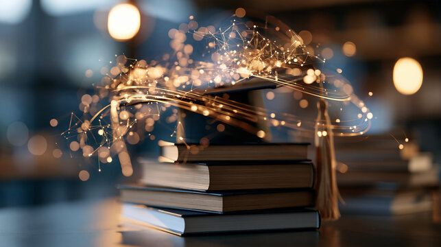 Bright close up of stack of academic books with graduation cap on top glowing digital network elements above natural lighting clean modern composition modern education