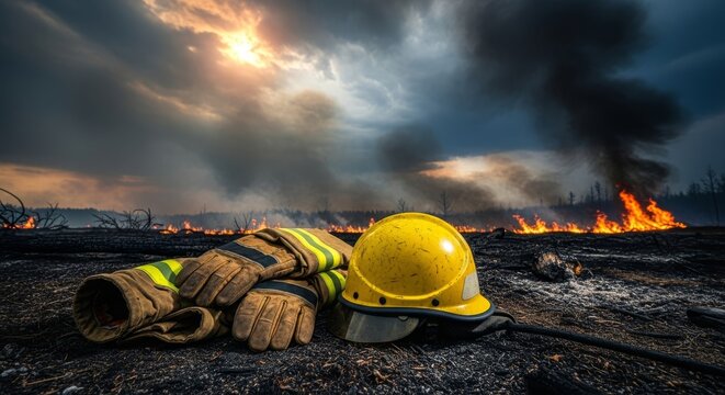 Worn protective gear and a yellow helmet remain amidst a massive wildfire under swirling storm clouds and thick smoke plumes in the woods, gear, atmosphere, burning