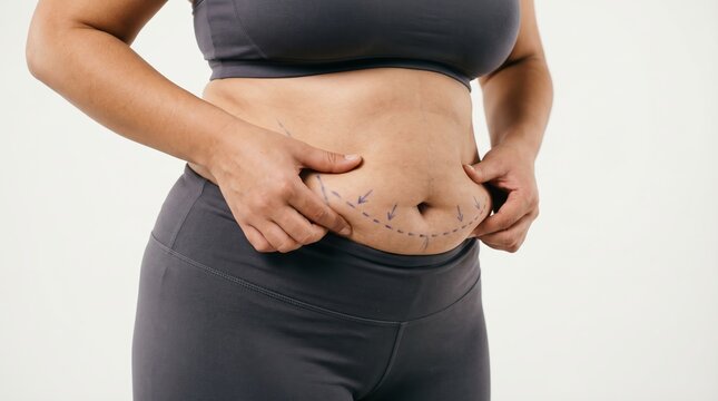 Woman pinching belly fat marked with surgical pen before liposuction. Overweight abdomen with markings on white studio background. Plastic surgery and body contouring concept.