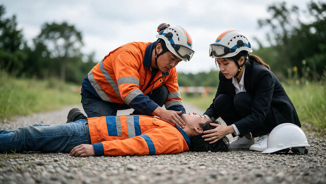Emergency first aid response at construction site, rescue workers assisting injured engineer on gravel road, industrial safety accident scene