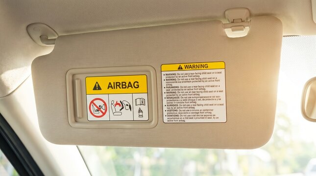 Yellow airbag warning label on car sun visor. Closeup of safety caution sticker with child seat prohibition icons inside vehicle interior.