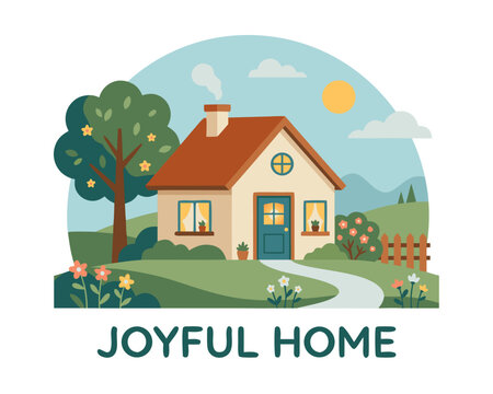 Flat illustration of cozy home in scenic countryside landscape. Rural cozy home exterior features red roof, chimney smoke, fence. Symbolic cozy home art with text Joyful Home for family card.