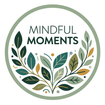 Mindful moments logo with circular leaf arrangement. Botanical mindful moments logo features green foliage for wellness, therapy, and meditation design. Ideal mindful moments logo for health blogs.