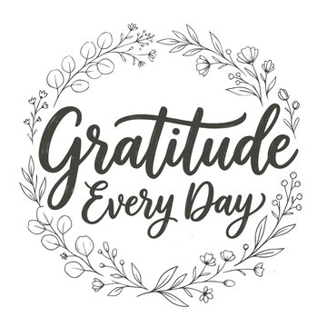 Hand drawn gratitude every day lettering surrounded by minimalist floral wreath line art. Elegant gratitude every day phrase with delicate botanical leaves. Soft gratitude every day quote for prints.
