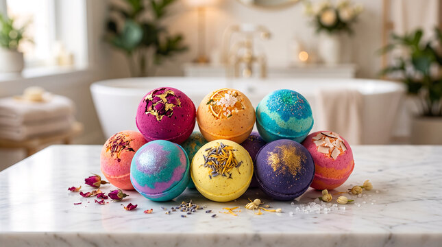 Colorful bath bombs arranged on a marble surface with dried flowers