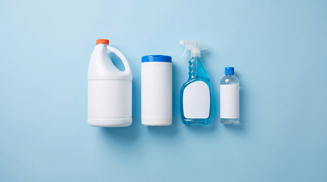 Assortment of cleaning products arranged on a plain blue background