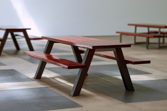 Polished wooden picnic tables in a minimalist, bright indoor space