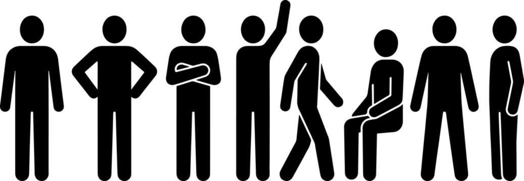 Stick figure poses representing actions and activities for icons