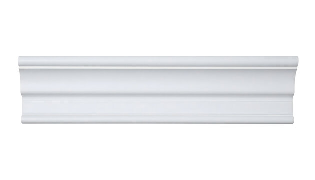 A long thin horizontal strip of white crown molding for architectural interior trim, classic decorative detail for home renovation, isolated on transparent background for digital composition.