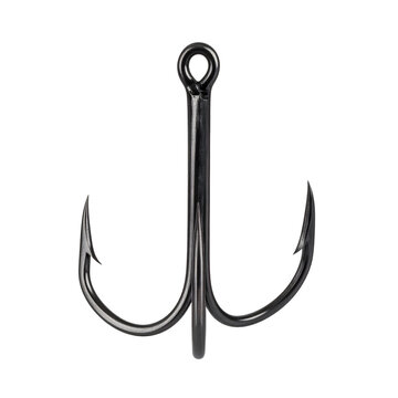 A new treble fishing hook with three sharp curved points, polished dark metal finish, isolated on transparent background, essential angling equipment for catching freshwater or saltwater fish.