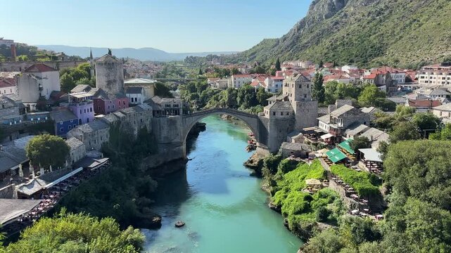 A view of the historic Mostar Bridge and its surroundings in Bosnia and Herzegovina