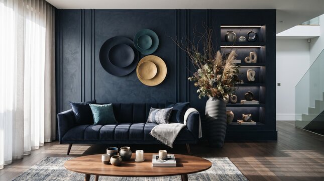 Modern luxury living room with dark navy blue accent wall, elegant velvet sofa in contemporary interior design, stylish home lounge with decorative wall art