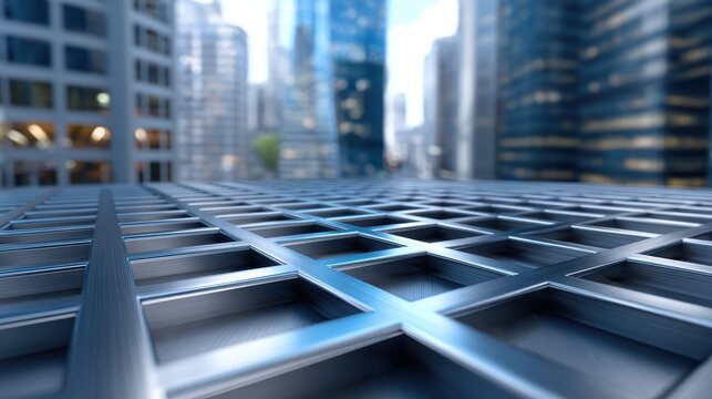 Modern skyscraper architecture with abstract metal grid structure