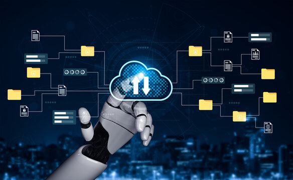 A futuristic robotic hand is reaching towards a digital cloud, representing data management and advanced technology in a modern urban landscape. Gantry
