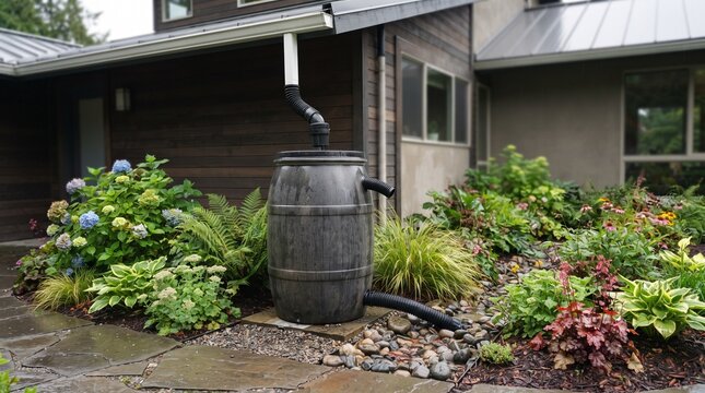 Sustainable rain barrel water collection system, eco-friendly garden irrigation barrel, residential rainwater harvesting setup in lush backyard