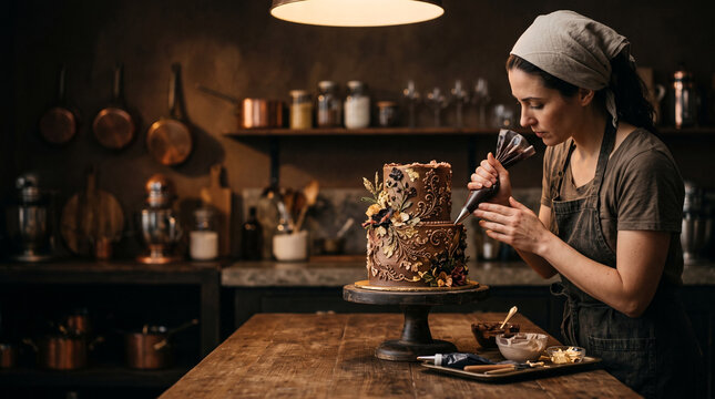 Baker decorating elaborate chocolate cake with piping bag in rustic kitchen