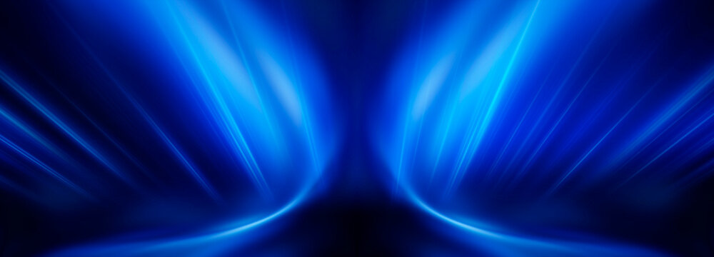 Abstract dark blue neon background with glowing light rays and curves banner