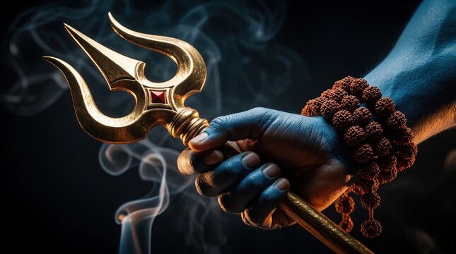 Hand holds golden trident. Blue skin contrasts with rudraksha beads. Smoke swirls around divine Hindu symbol. Represents power spirituality faith.