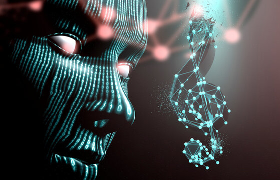  Pensamiento de inteligencia artificial sobre notas musicales. Representaci&oacute;n 3D. Cabeza humana cibern&eacute;tica con una clave de sol musical brillante; transmite tecnolog&iacute;a musical, innovaci&oacute;n y sonido.