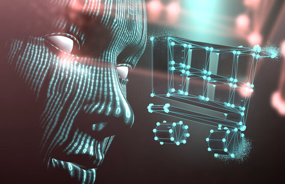  Tecnolog&iacute;a de carrito de compras de comercio electr&oacute;nico con inteligencia artificial. Representaci&oacute;n 3D. Perfil de encabezado digital con un carrito de compras brillante.