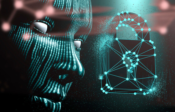  Datos digitales del candado de seguridad de inteligencia artificial. Representaci&oacute;n 3D. Perfil humano cibern&eacute;tico con una estructura al&aacute;mbrica de candado brillante; transmite ciberseguridad.