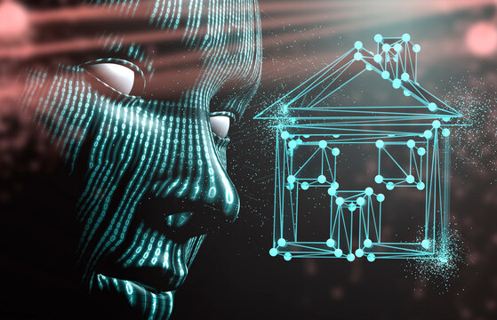  Inteligencia artificial, tecnolog&iacute;a inmobiliaria, iconos dom&eacute;sticos, renderizado 3D, silueta facial digital con una estructura al&aacute;mbrica de casa brillante, transmite tecnolog&iacute;a inmobiliaria, hogares 
