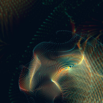  Los puntos de part&iacute;culas brillantes siguen el trasfondo cient&iacute;fico abstracto. Representaci&oacute;n 3D. Flujo din&aacute;mico de part&iacute;culas de luz digitales; transmite flujos de datos, computaci&oacute;n cu&aacute;ntica y alta 
