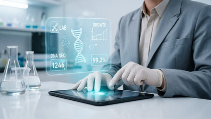 Scientist analyzing DNA sequencing data with holographic interface during laboratory research