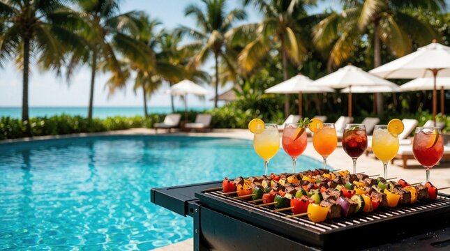 Barbecue skewers grill beside pool with colorful cocktails and palm trees. Juicy meat and vegetables cook on hot grill, refreshing drinks await party guests.