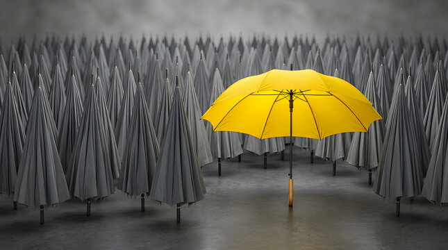 A vibrant yellow open umbrella stands out among a dense crowd of closed grey umbrellas representing uniqueness and individuality