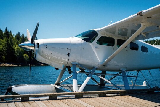 White floatplane rests on blue water next to wooden pier. Green forest lines distant shore under clear sky. Sunny summer day shows aircraft.