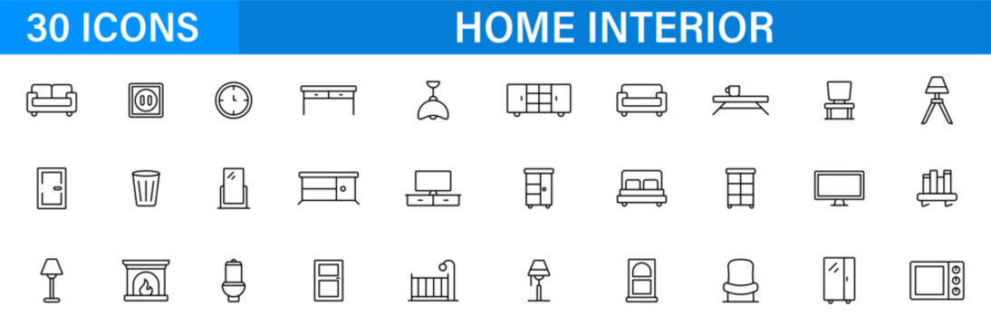 Furniture home line icon set. Interior sofa table cabinet decor. Outline editable icons