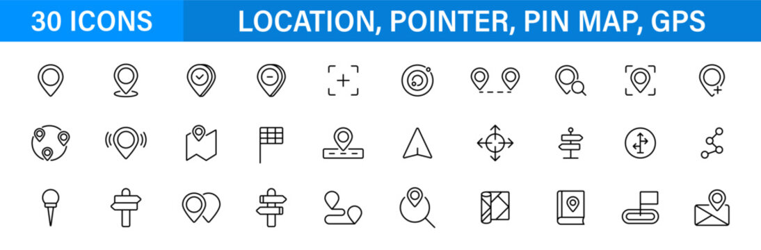 Location navigation line icon set. Map pin route direction symbols. Outline editable icons