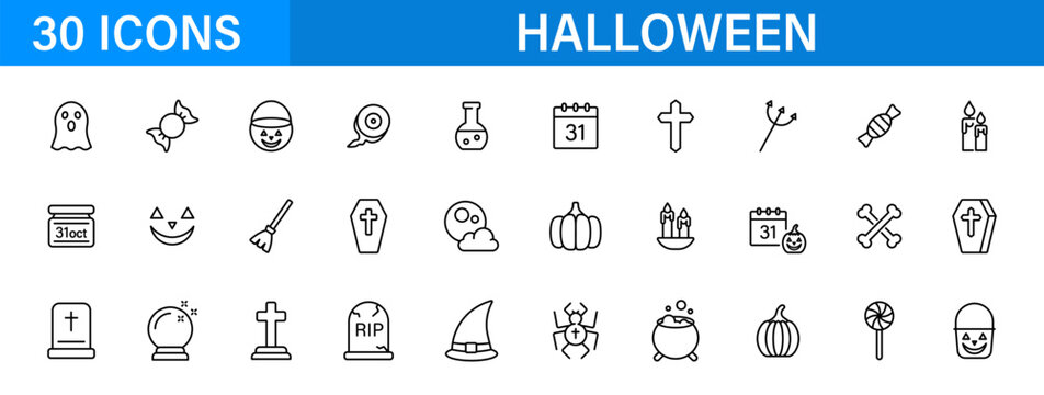 Halloween line icon set. Pumpkin ghost witch candy spooky symbols. Outline editable icons