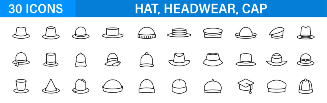 Hat headwear line icon set. Cap fedora beanie fashion collection. Outline editable icons