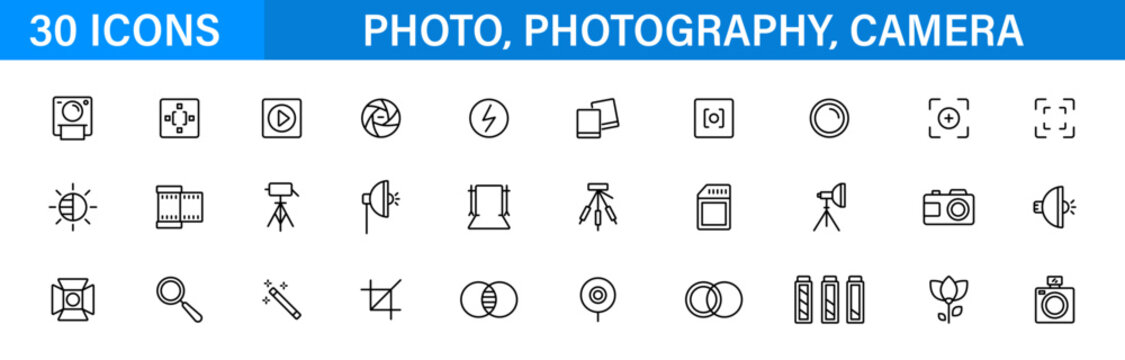 Photography camera line icon set. Photo lens lighting equipment tools. Outline editable icons