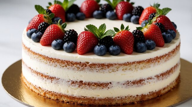 Naked layer cake iced with cream cheese frosting. Fresh berries like strawberries blueberries and blackberries top this delicious dessert. Mint garnish adds color.