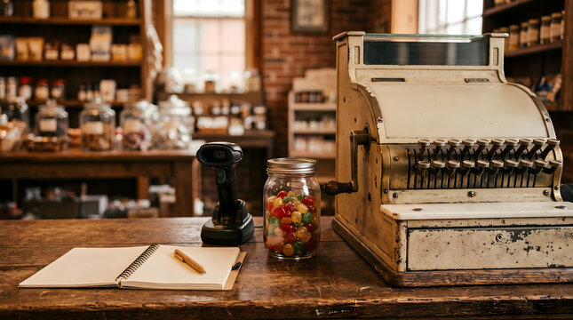 Vintage cash register on rustic store counter with candy jar and notebook