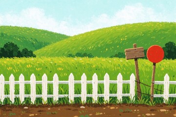 Obraz premium Green meadow with white picket fence under bright sun. Rolling hills, trees in background. Wooden signpost, red round sign stand in rural pasture. Summer landscape view of peaceful countryside farm