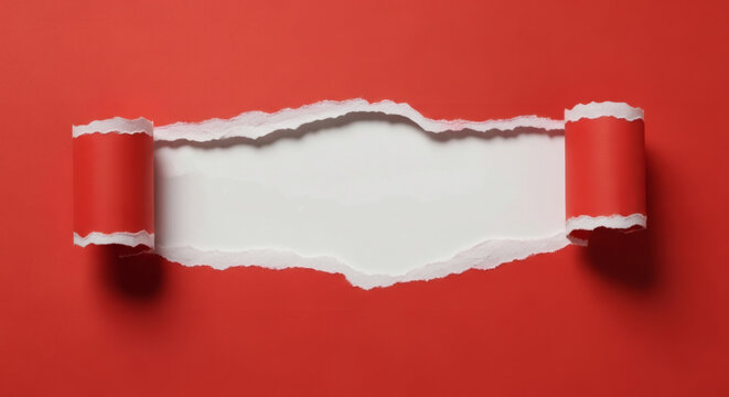 Torn red paper revealing a white blank background space for text with curled edges and a bright studio lighting setup