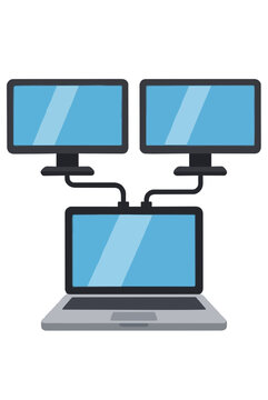 Open grey laptop computer connected by dual output cables to two external desktop display monitor screens with glowing blue screens in a modern workstation tech vector illustration